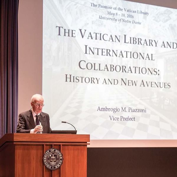 Dr. Ambrogio Piazzoni, Vice Prefect of the Vatican Library, speaks at the Vatican Library Conference. (Photo by Matt Cashore/University of Notre Dame)