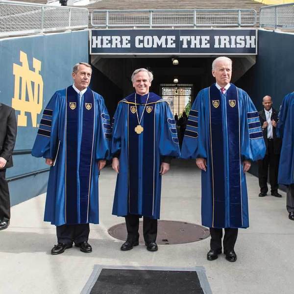 University of Notre Dame president Rev. John Jenkins, C.S.C. is flanked by Laetare Medal recipients, John Boehner, former Speaker of the House and Vice President Joe Biden. (Photo by Barbara Johnston/University of Notre Dame)